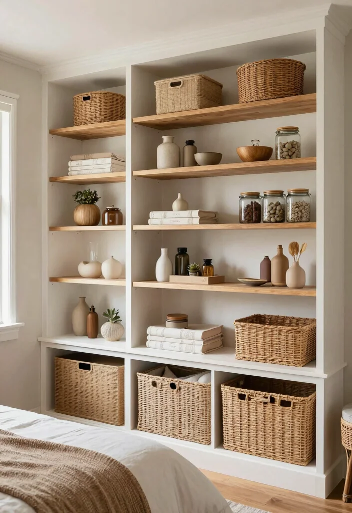 18 Built in Shelves Bedroom Ideas That Maximize Every Inch - 18. Stylish Baskets and Jars in Shelves 1