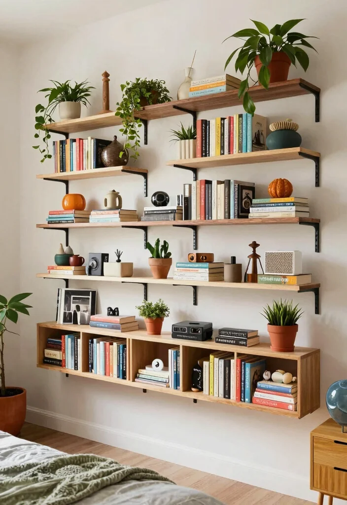 18 Built in Shelves Bedroom Ideas That Maximize Every Inch - 8. Layered Shelving for Vertical Interest 1