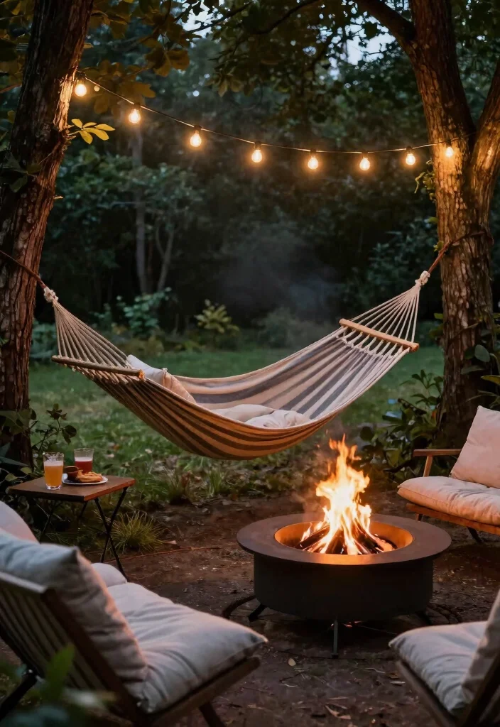 12 Cozy Fire Pit Seating Arrangements for Hosting Guests - 10. Cozy Hammocks for Relaxed Lounging 1