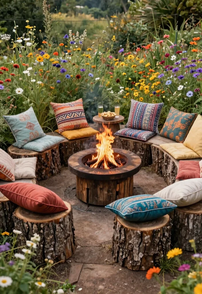 12 Cozy Fire Pit Seating Arrangements for Hosting Guests - 3. Rustic Charm with Log Seating 1