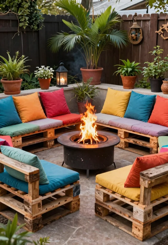 12 Cozy Fire Pit Seating Arrangements for Hosting Guests - 6. Upcycled Pallet Furniture for Eco-Friendly Charm 1