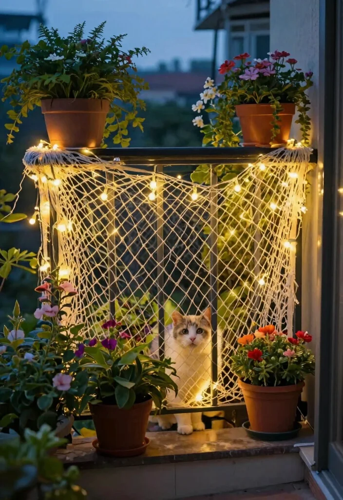 13 Pet-Safe Balcony Nets for Urban Apartment Owners - 8. Charming Netting with Fairy Lights 1
