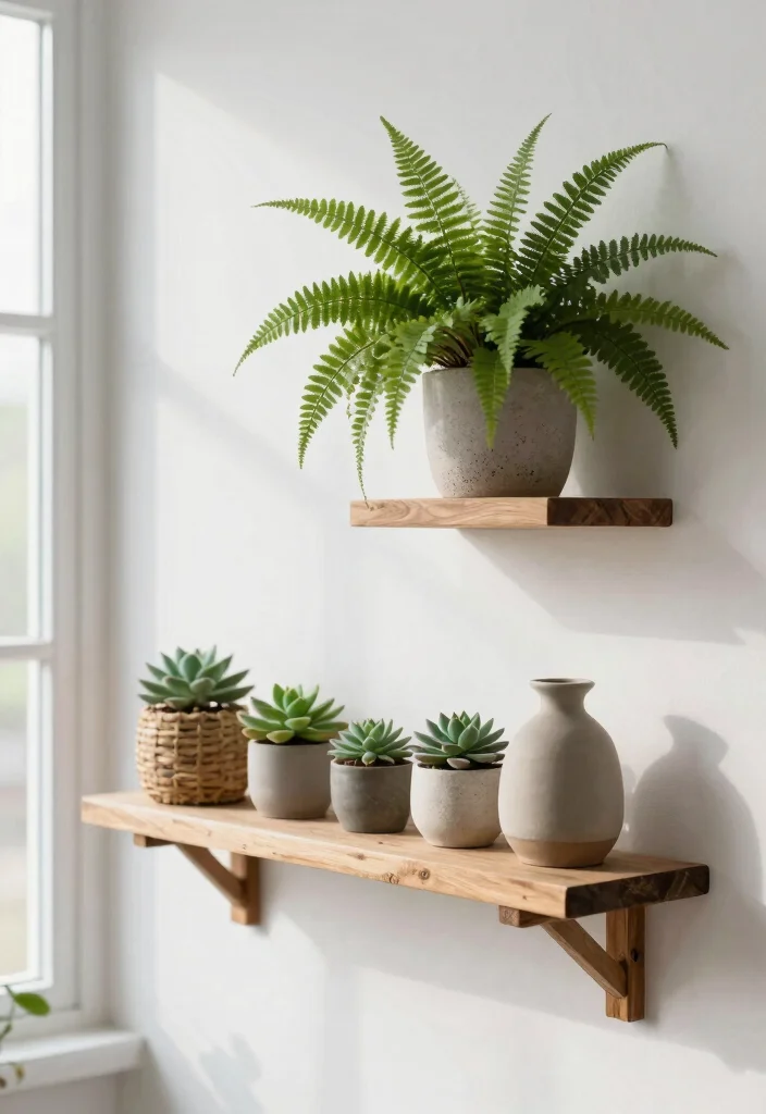 15 Styled Farmhouse Shelves for Design-Conscious Homeowners - 1. Neutral Tones with Greenery 1
