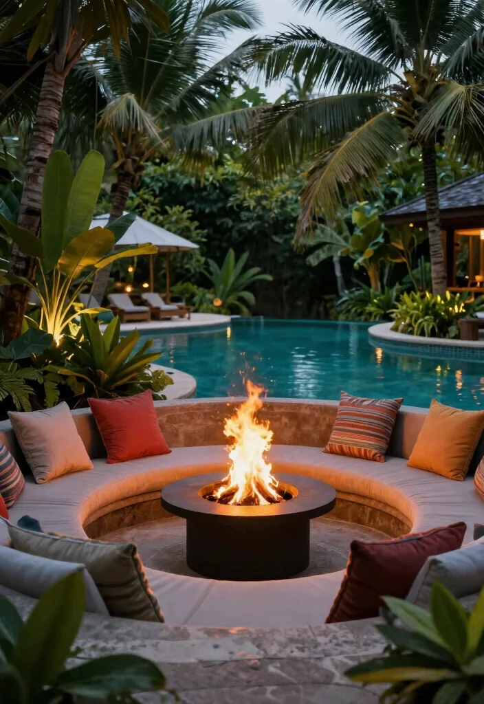 15 Tropical Lagoon Pool Designs for Paradise Seekers - 14. Cozy Fire Pit Seating 1