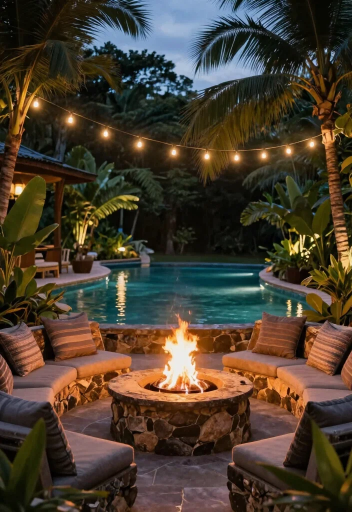 15 Tropical Lagoon Pool Designs for Paradise Seekers - 6. Tropical Firepit Gatherings 1