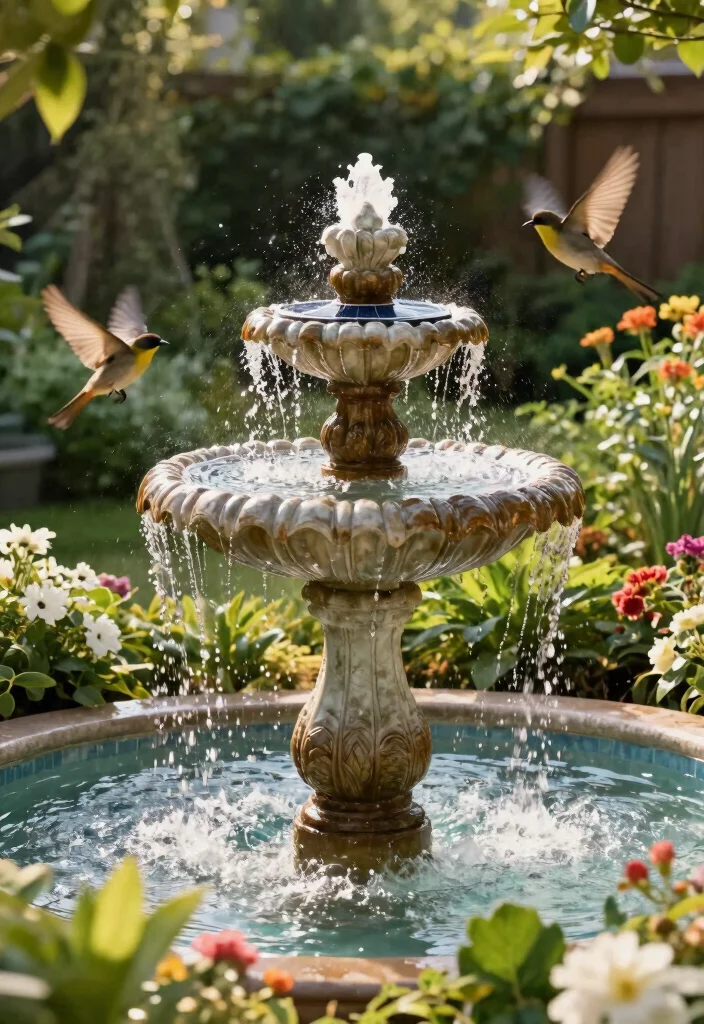 15 Water Features That Become Focal Points for Nature Lovers - 11. Solar-Powered Birdbath Fountain 1
