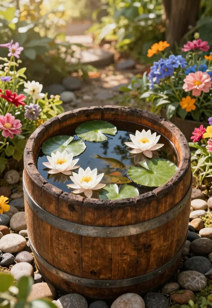 15 Water Features That Become Focal Points for Nature Lovers - 3. Rustic Wooden Barrel Pond 1