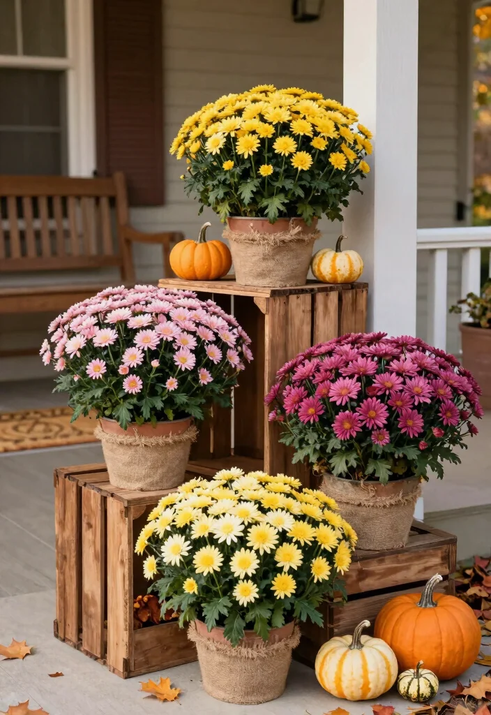 16 Fall Porch Displays for Seasonal Decorating Fans - 1. Rustic Wooden Crates Overflowing with Mums 1