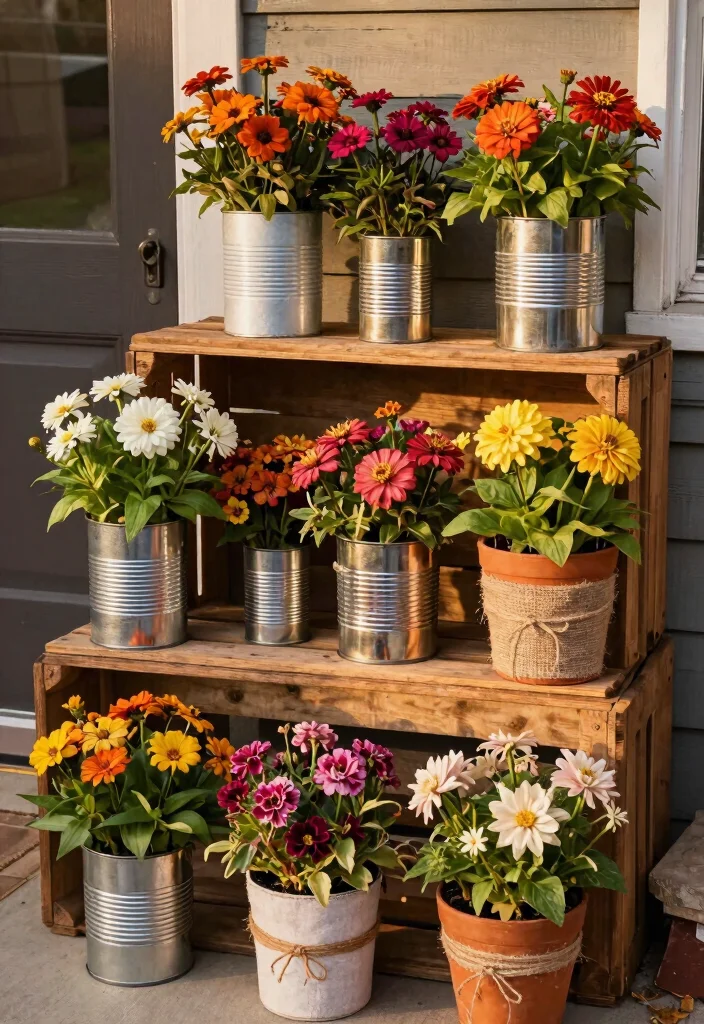 16 Fall Porch Displays for Seasonal Decorating Fans - 10. Creative Use of Recycled Containers for Flower Pots 1