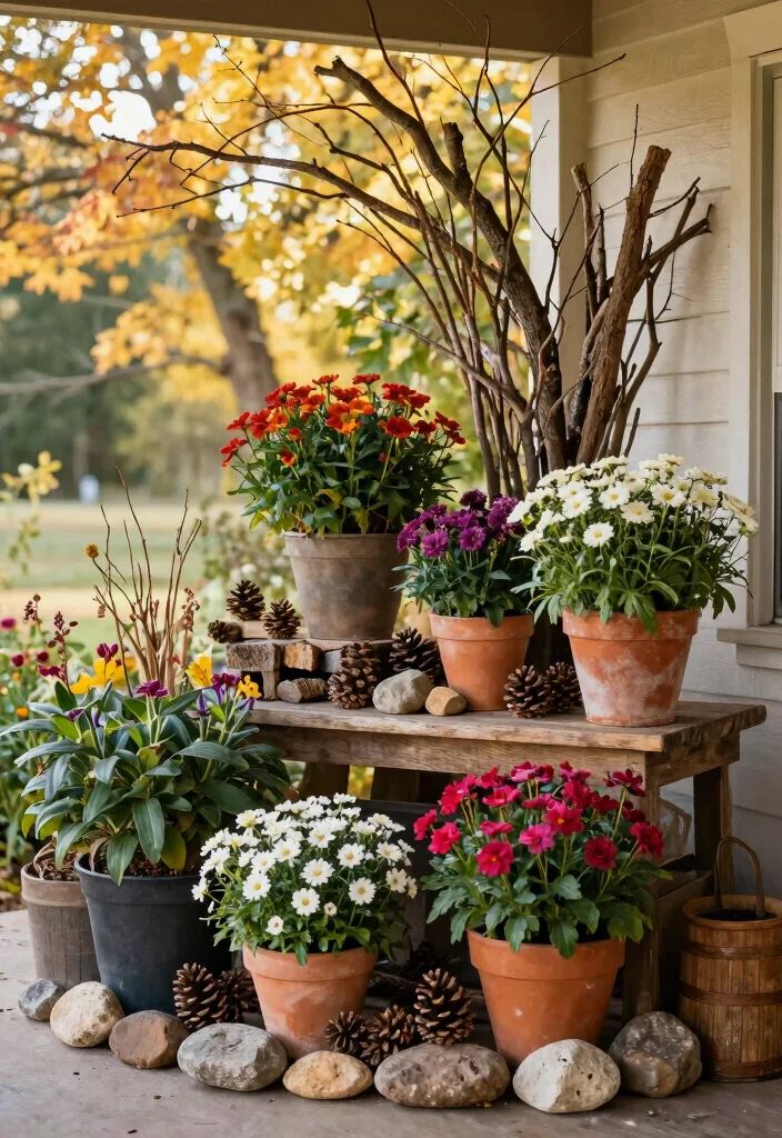 16 Fall Porch Displays for Seasonal Decorating Fans - 12. Natural Elements with Flower Accents 1