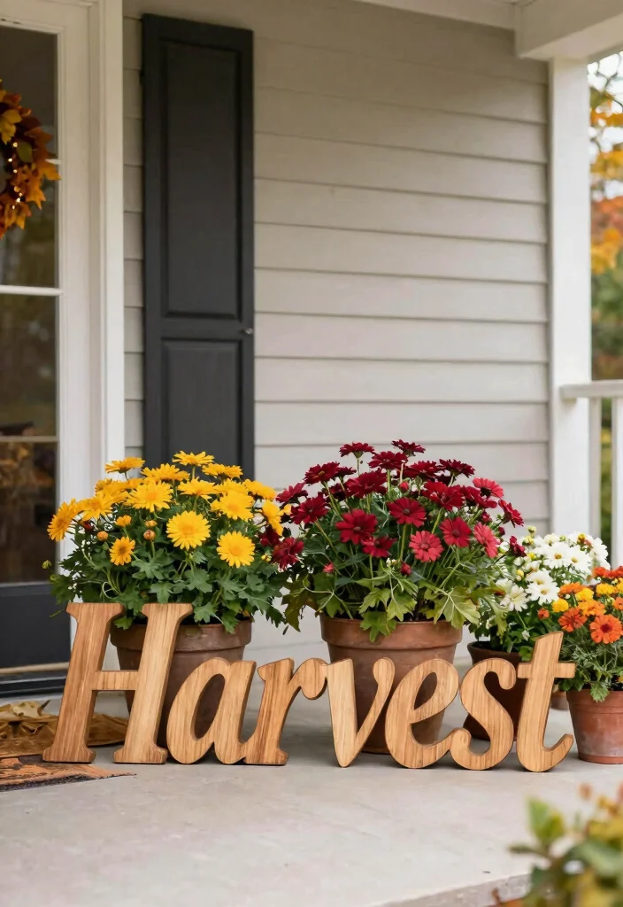 16 Fall Porch Displays for Seasonal Decorating Fans - 13. Seasonal Typography with Flower Accents 1
