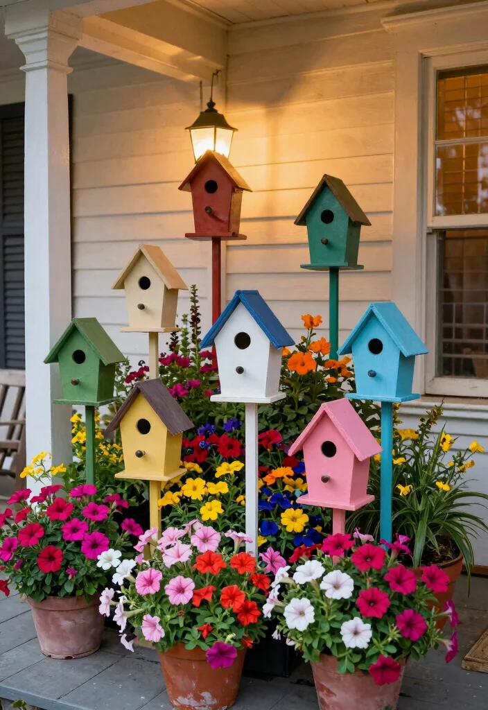 16 Fall Porch Displays for Seasonal Decorating Fans - 15. Charming Birdhouses with Flower Surrounds 1