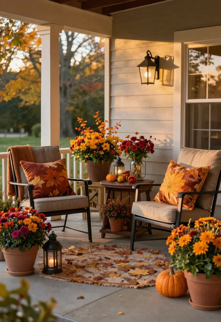16 Fall Porch Displays for Seasonal Decorating Fans - 16. Cozy Seating with Flower Accents 1