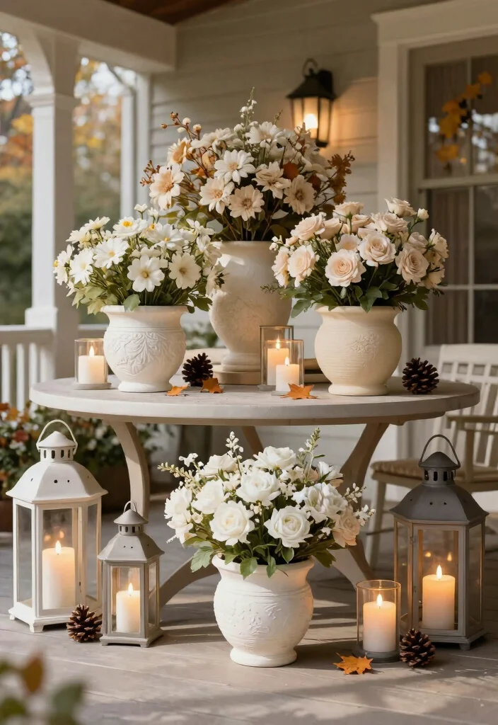16 Fall Porch Displays for Seasonal Decorating Fans - 2. Monochromatic Flower Arrangements in Elegant Pots 1