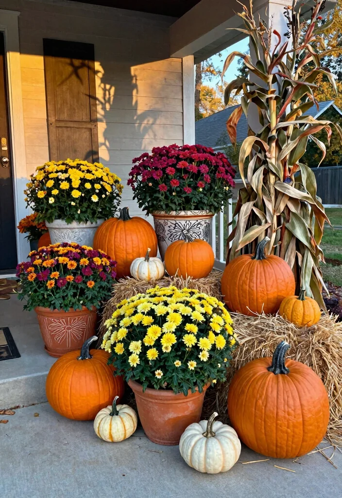 16 Fall Porch Displays for Seasonal Decorating Fans - 4. Mixed Seasonal Display with Pumpkins and Flowers 1