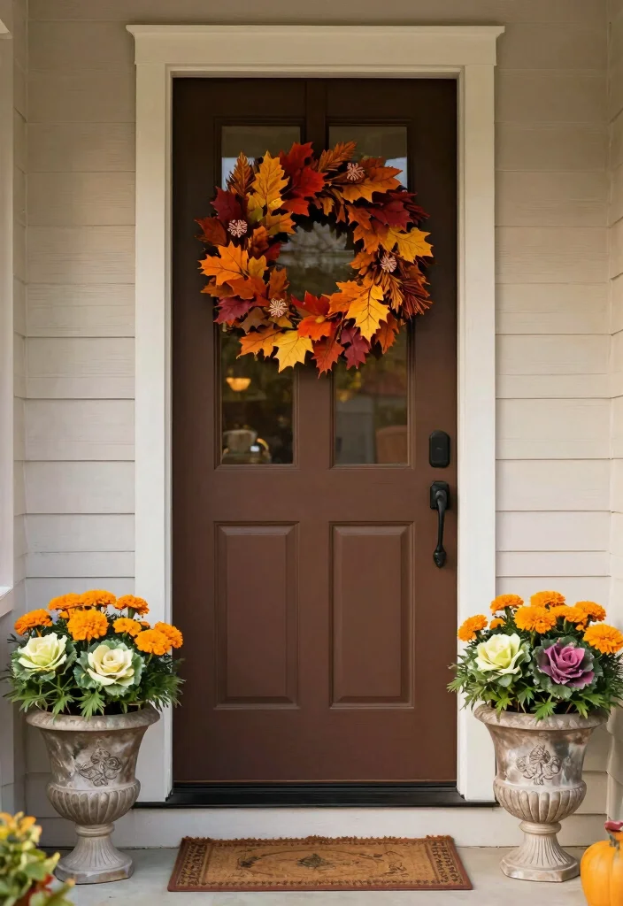 16 Fall Porch Displays for Seasonal Decorating Fans - 5. Elegant Fall Wreaths Paired with Flower Pots 1