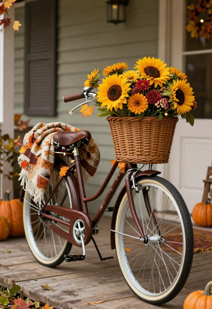 16 Fall Porch Displays for Seasonal Decorating Fans - 6. Vintage-Bike Display with Fall Blooms 1