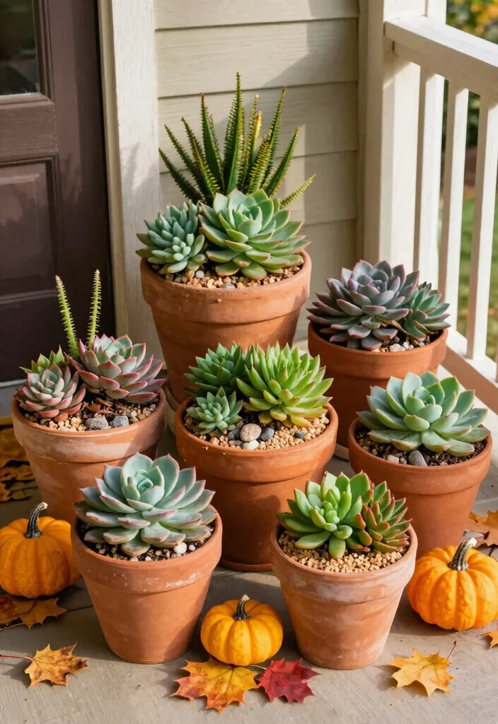 16 Fall Porch Displays for Seasonal Decorating Fans - 7. Colorful Succulent Arrangements in Terracotta Pots 1