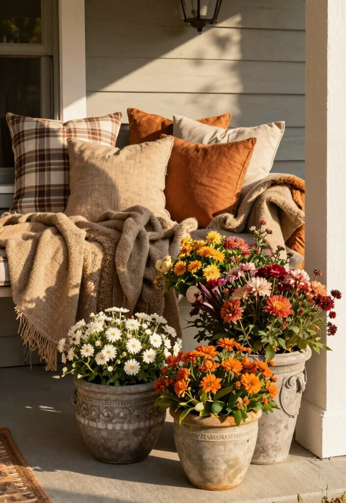 16 Fall Porch Displays for Seasonal Decorating Fans - 8. Layered Textures with Fabrics and Flowers 1