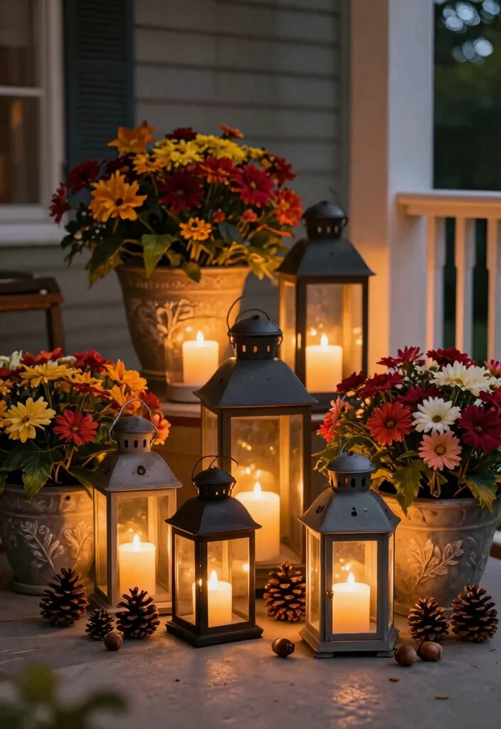 16 Fall Porch Displays for Seasonal Decorating Fans - 9. Seasonal Lanterns with Flower Accents 1