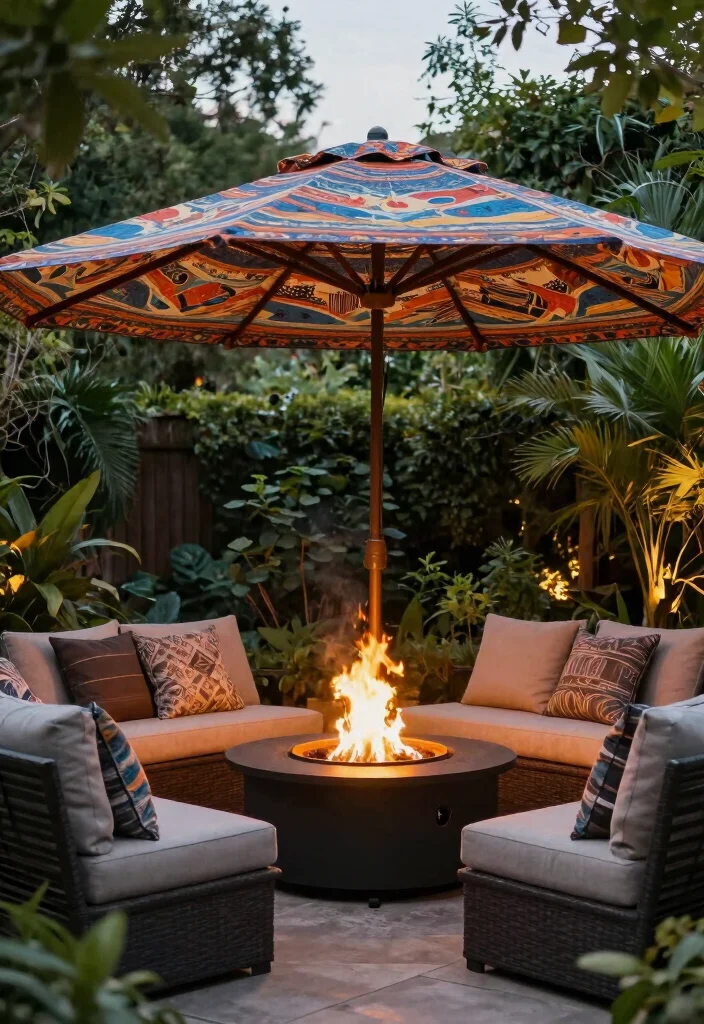 16 Outdoor Seating Ideas for Entertaining Around Your Fire Pit - 15. Umbrella Shade 1