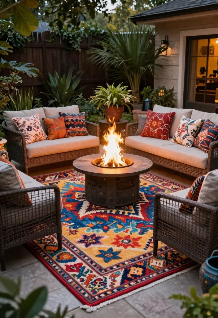 16 Outdoor Seating Ideas for Entertaining Around Your Fire Pit - 16. Colorful Outdoor Rugs 1