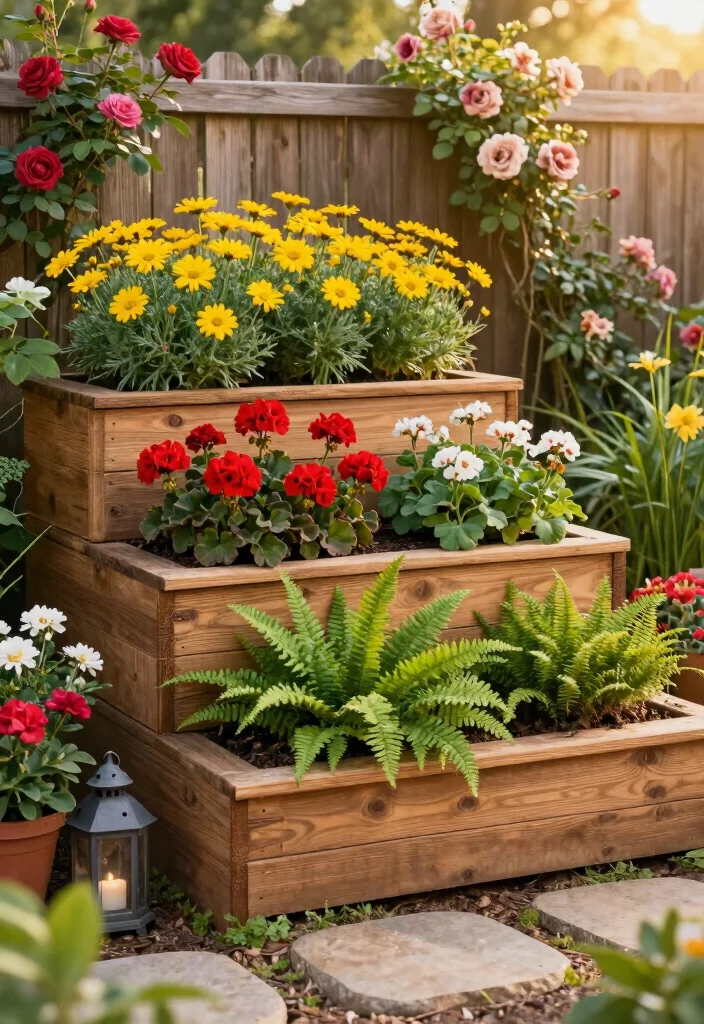 16 Raised Beds for Homeowners Wanting Fence-Line Privacy - 1. Tiered Flower Beds for a Multi-Dimensional Look 1