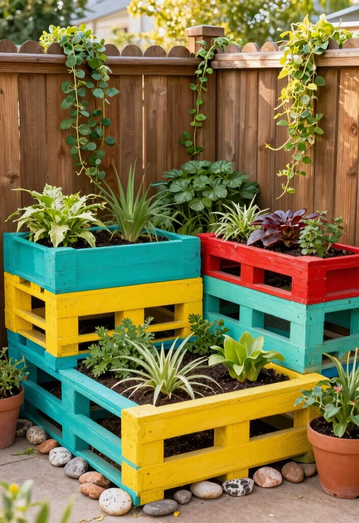 16 Raised Beds for Homeowners Wanting Fence-Line Privacy - 7. Colorful Pallet Gardens for Creative Expression 1