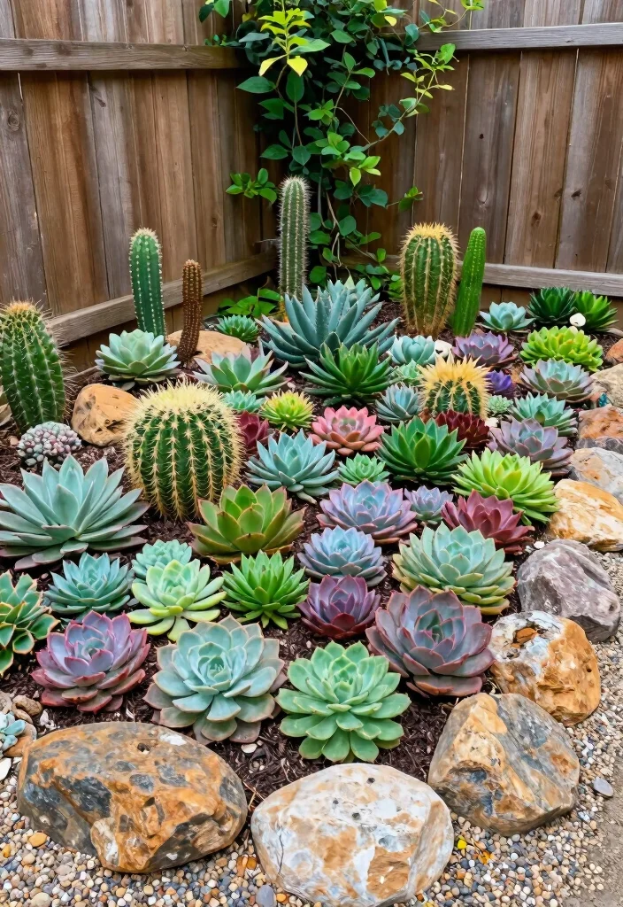 16 Raised Beds for Homeowners Wanting Fence-Line Privacy - 9. Succulent and Cactus Gardens for Low-Maintenance Appeal 1