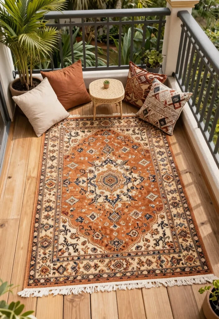 16 Small Balcony Wall Upgrades for Apartment Dwellers - 7. Outdoor Rugs for Comfort 1