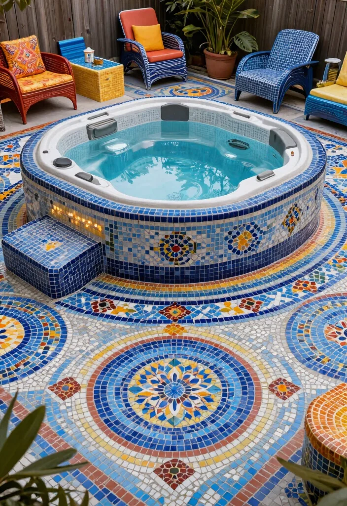 17 Spa-Like Hot Tub Placements for Backyard Relaxation - 13. Artistic Mosaic Surroundings 1