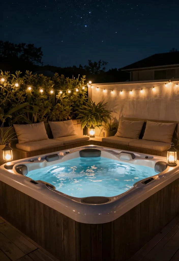 17 Spa-Like Hot Tub Placements for Backyard Relaxation - 16. Nighttime Oasis 1