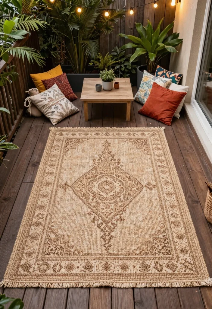 18 Deck Ideas to Transform Your Bare Outdoor Space - 3. Eco-Friendly Rugs 1
