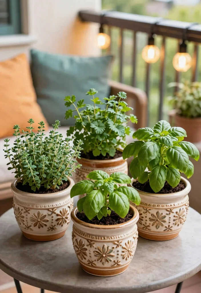 18 Herb Gardens for Tiny Apartment Balconies - 10. Decorative Herb Pots 1