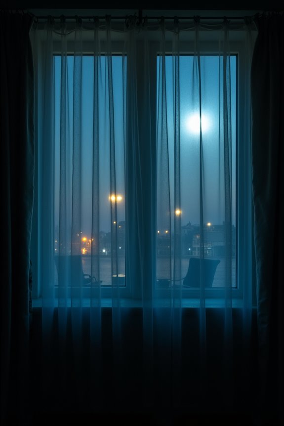 silhouettes visible through sheer curtains