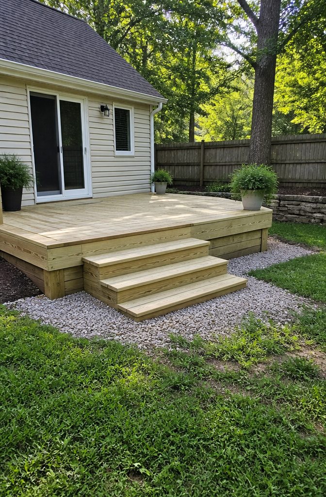 Steps leading up to a low deck built on a sloped surface.