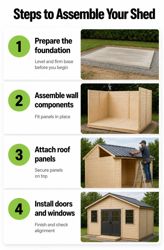 Steps to assemble a SolidBuild shed shown with tools.