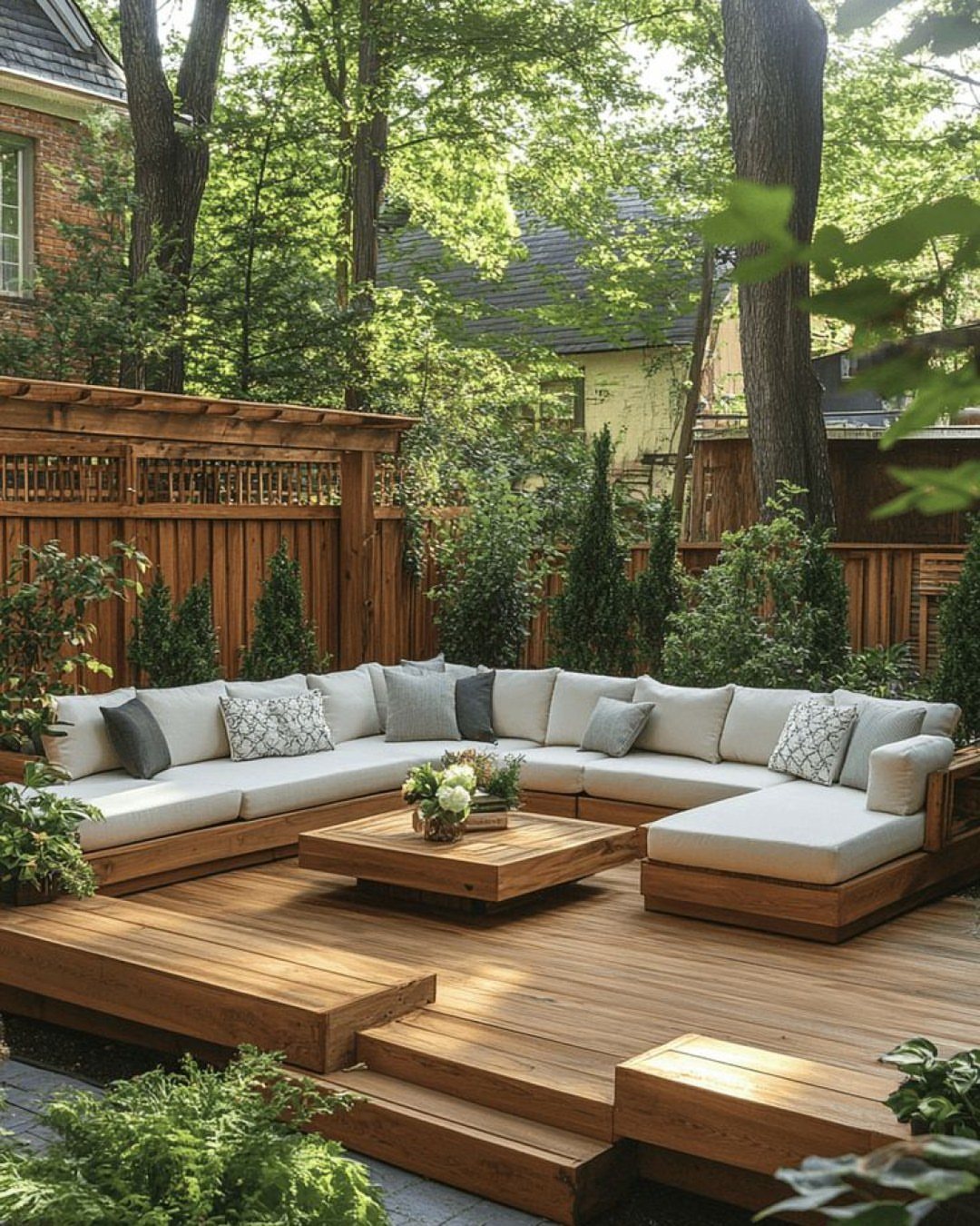 Wooden deck with built-in sectional seating, cream cushions, and a low wooden coffee table outdoors.