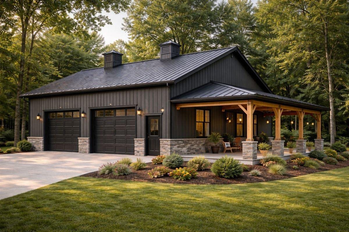 A dark charcoal barn style garage with a metal roof and a wooden porch area.
