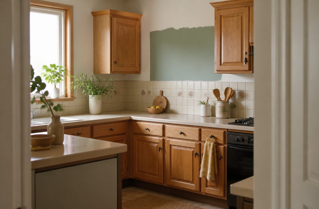 Compact kitchen with honey-oak cabinets, beige counters, and dated cream backsplash