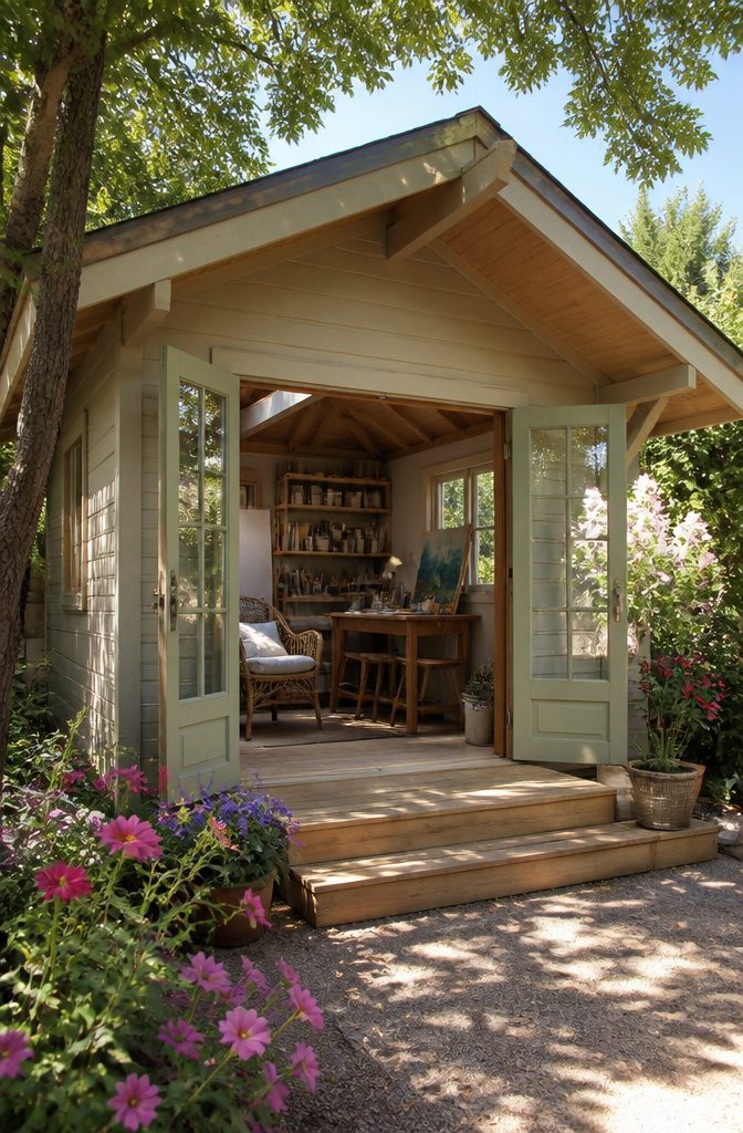 Bristhol shed with tall double doors and blooming plants.
