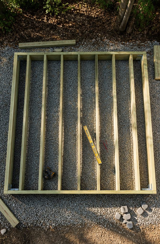 Pressure-treated beams forming the perimeter of a deck frame.
