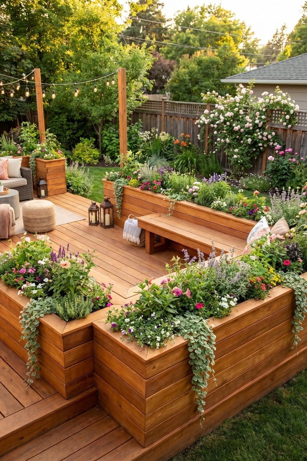 Wooden multi-level deck with built-in planters overflowing with colorful flowers and greenery.
