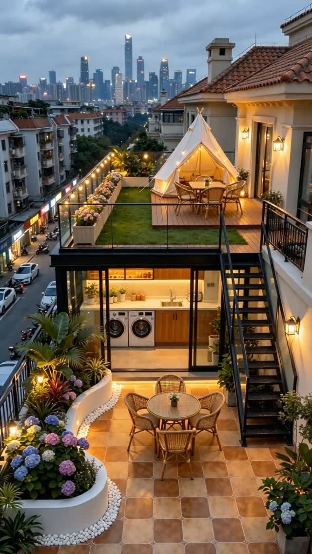 Multi-level urban terrace with dining areas, a small kitchen, and a tent overlooking a city skyline.