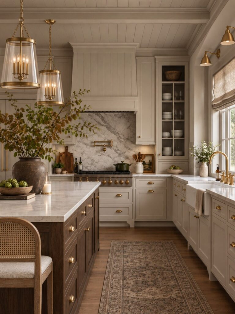 Traditional kitchen with cream cabinets, marble countertops, gold lighting, and a dark wood island.