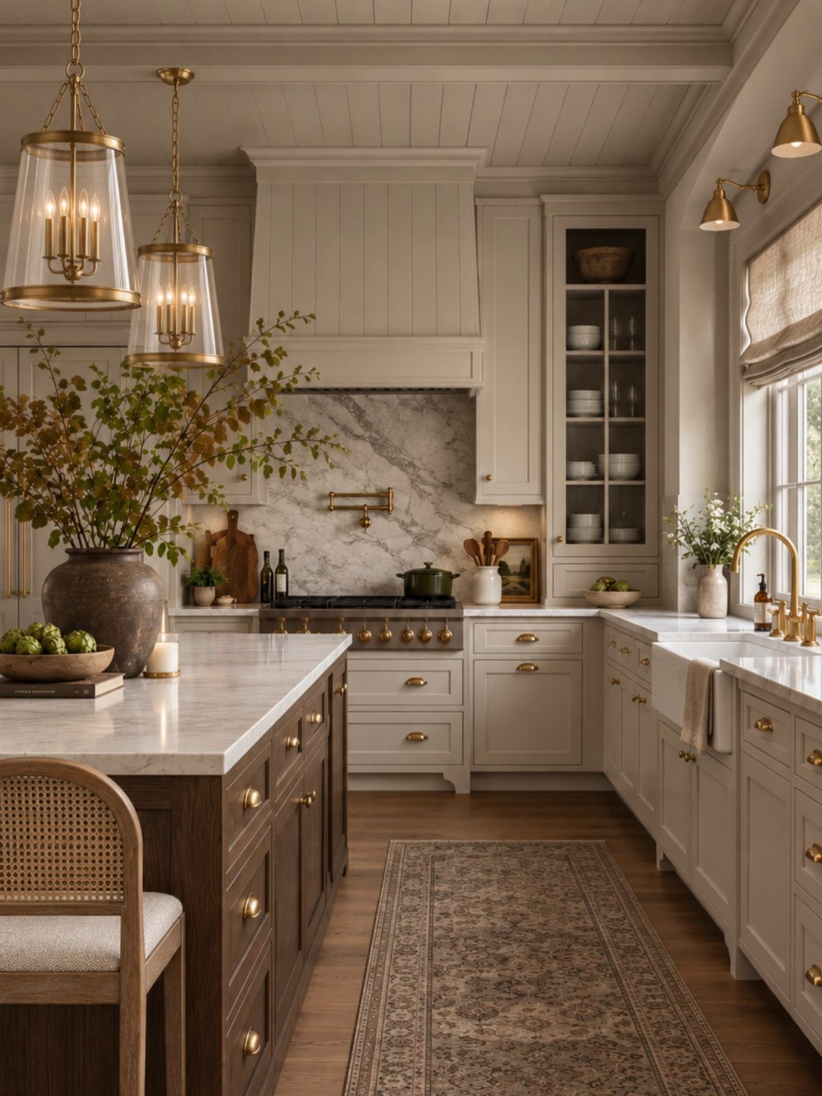 Traditional kitchen with cream cabinets, marble countertops, gold lighting, and a dark wood island.
