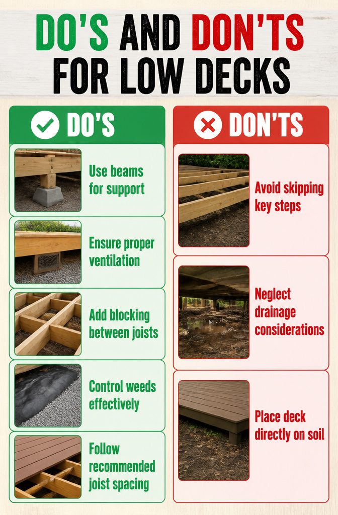 Do's and don'ts for building low decks displayed in an informative graphic.