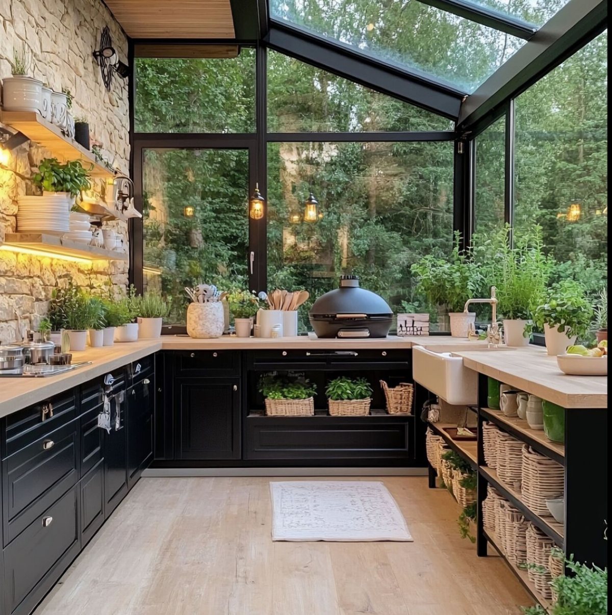 Modern outdoor kitchen with black cabinets, wooden counters, and a glass roof overlooking a forest.