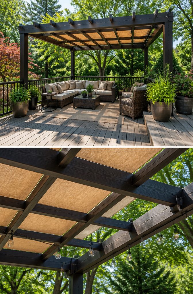 Deck with a wooden pergola and heavy-duty tarp for shade.