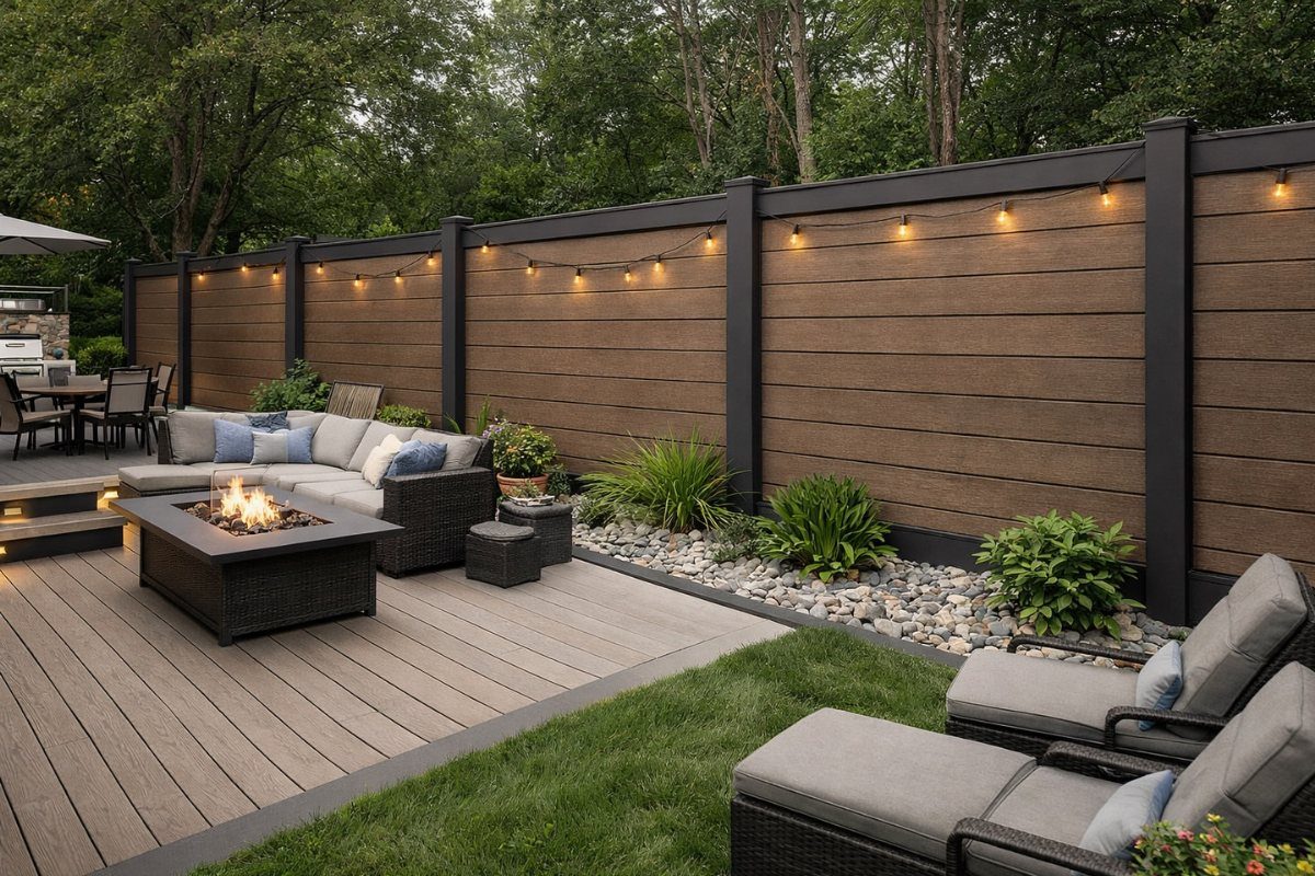 Modern outdoor living area with grey sectional sofa, fire pit, and lounge chairs on a deck.